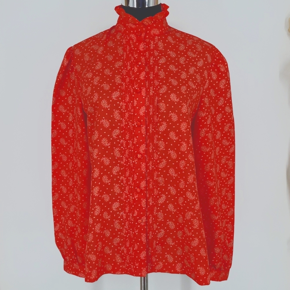 Vintage 70s‎ Panther Red Blouse w/ White Paisley Print sz. 13/14 L.